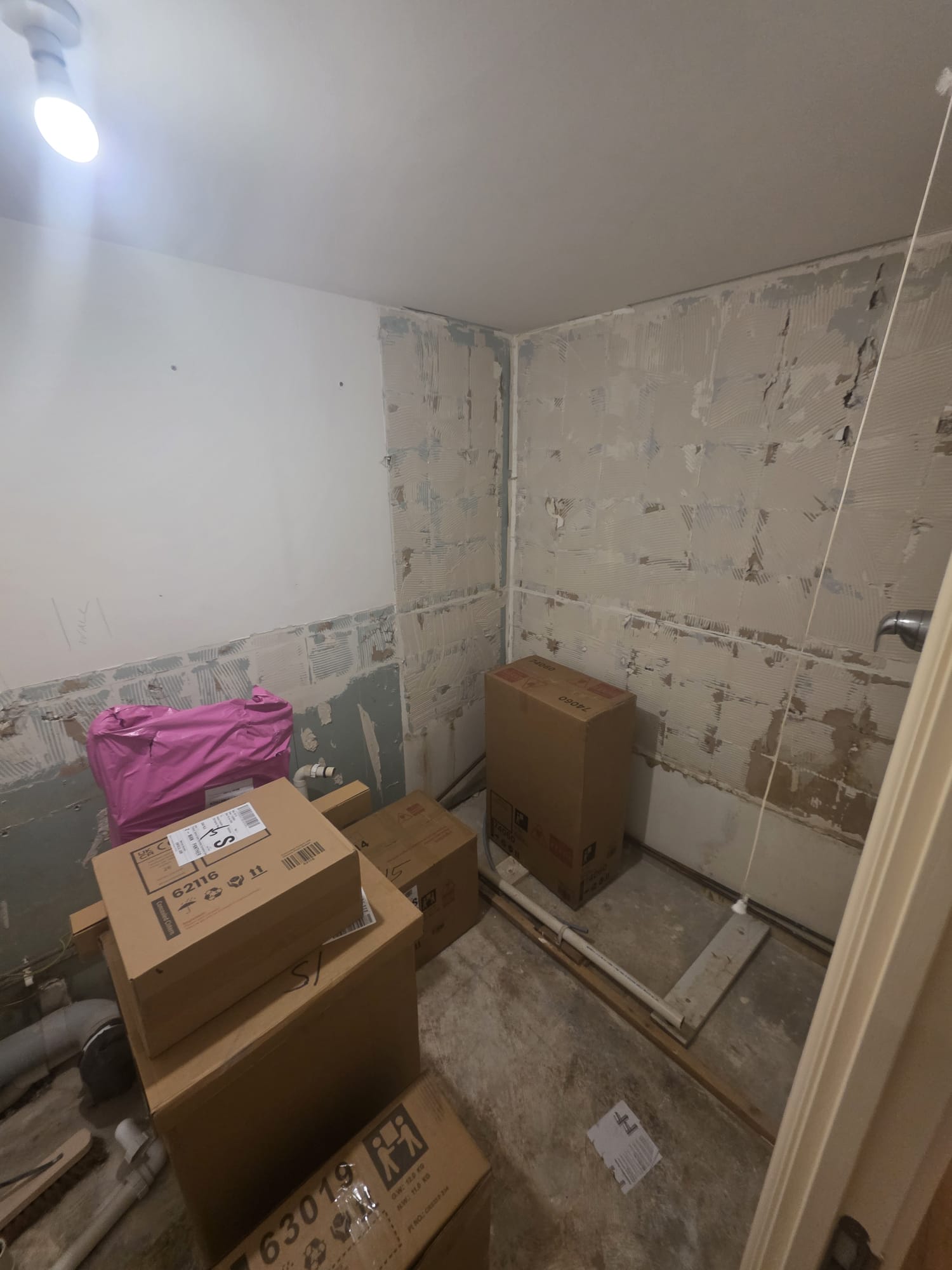 Bathroom before renovation with bare walls and a temporary ceiling bulb